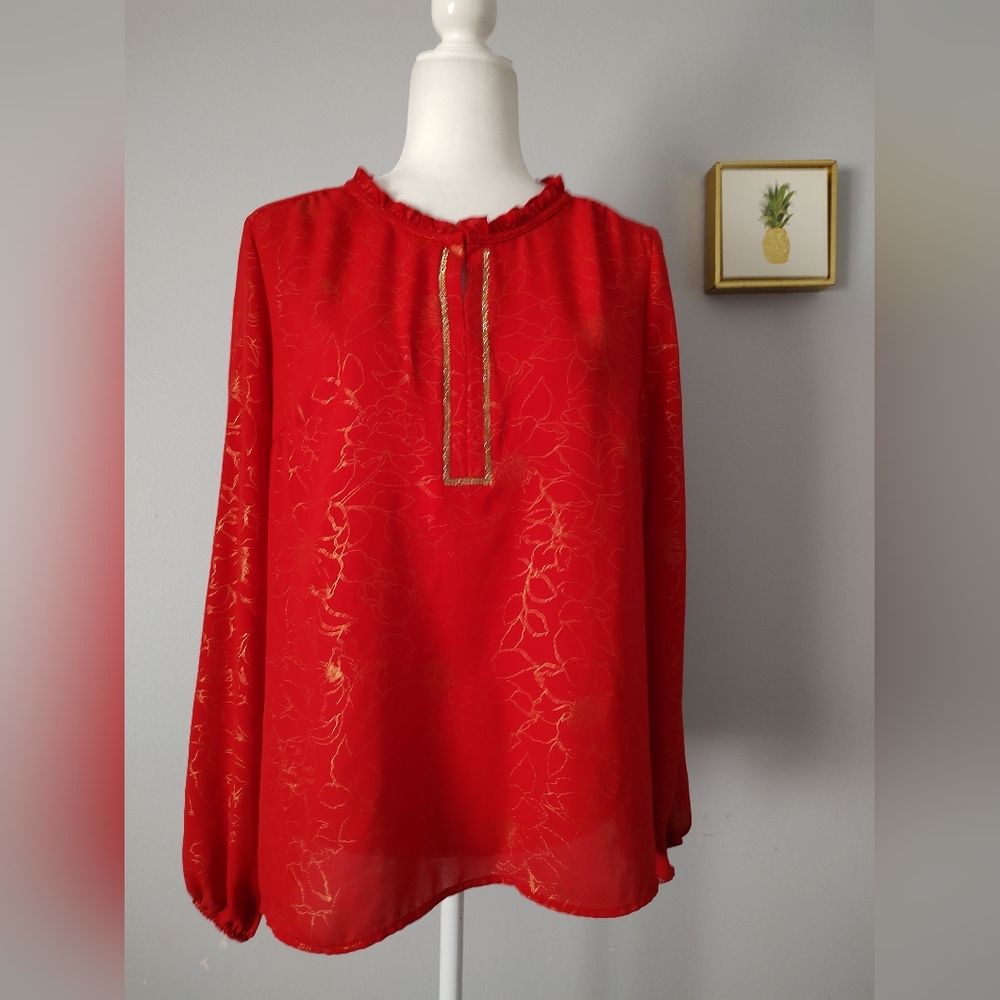 Blouse Liz Claiborne    Embellished Neck long Slevees cabaret floral Red  Medium
